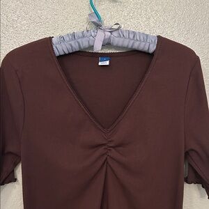 Old Navy Brown Ribbed Cinched Front Short Sleece Top with Lettuce Edge Trim